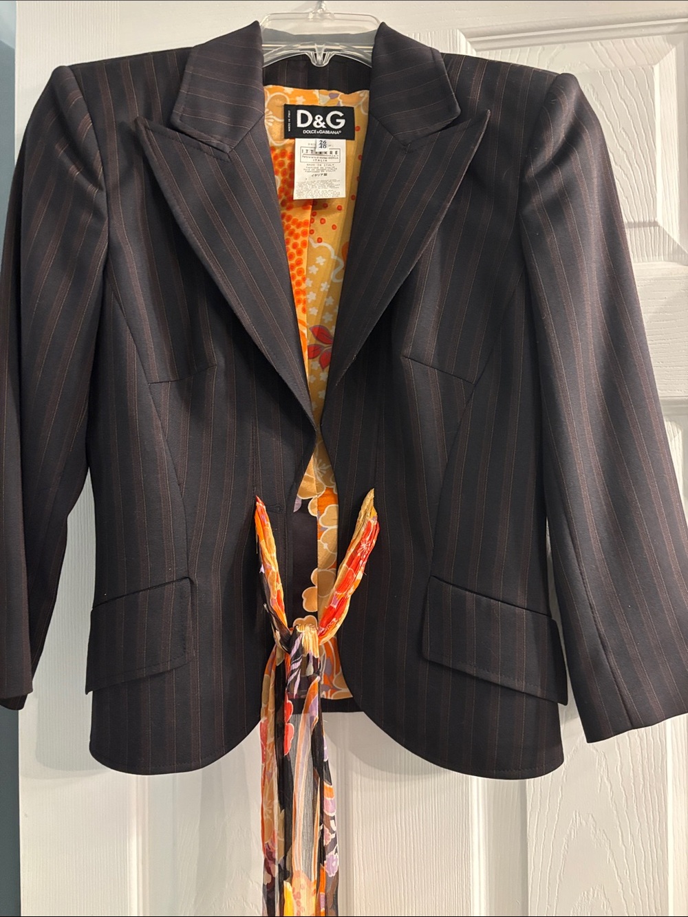 D&G Black Pinstripe Blazer with Orange Floral Tie